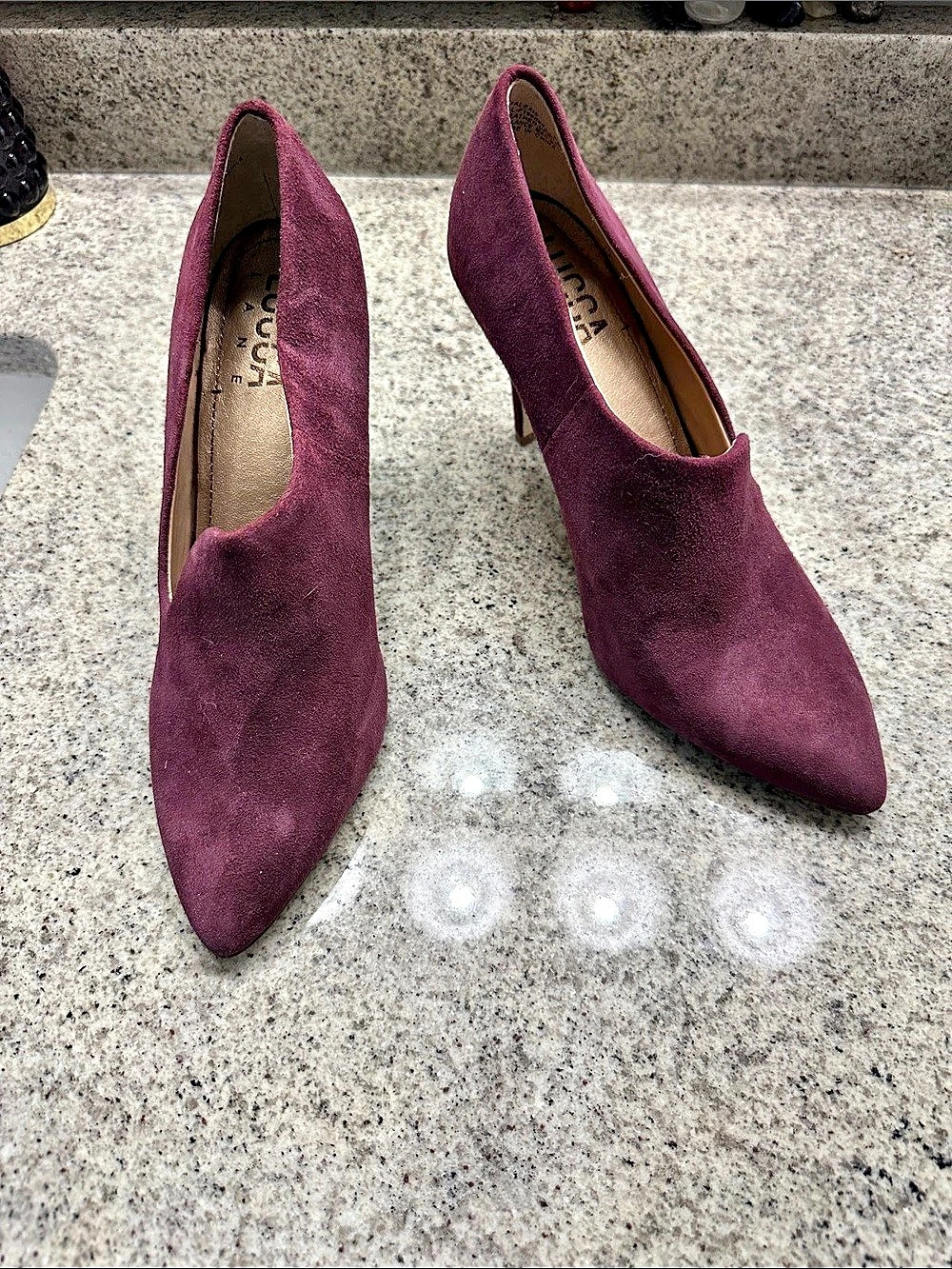 Lucca Lane Pointed Toe Suede Heels in Purple/Burgundy